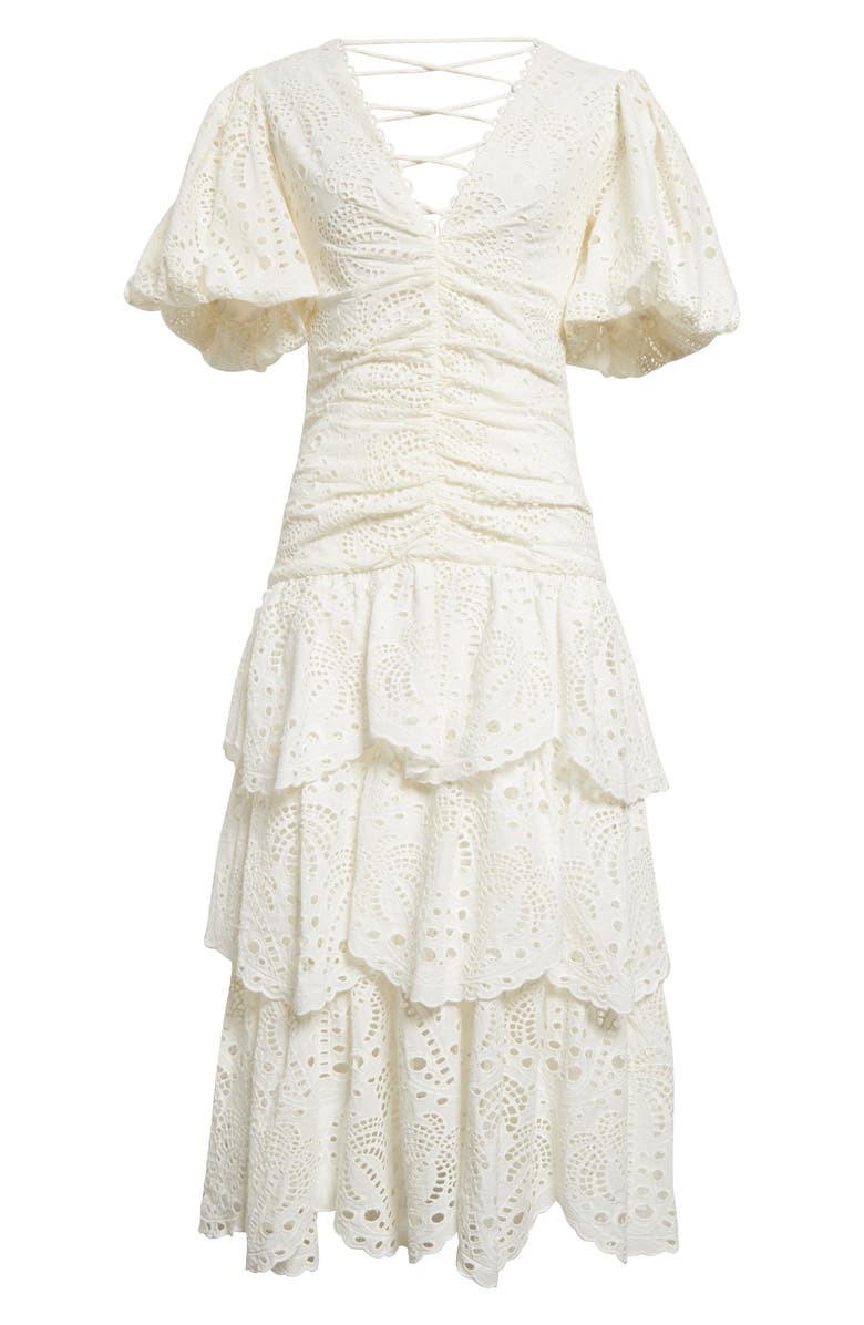 FARM Rio Eyelet Puff Sleeve Tiered Cotton Midi Dress, Alternate, color, 