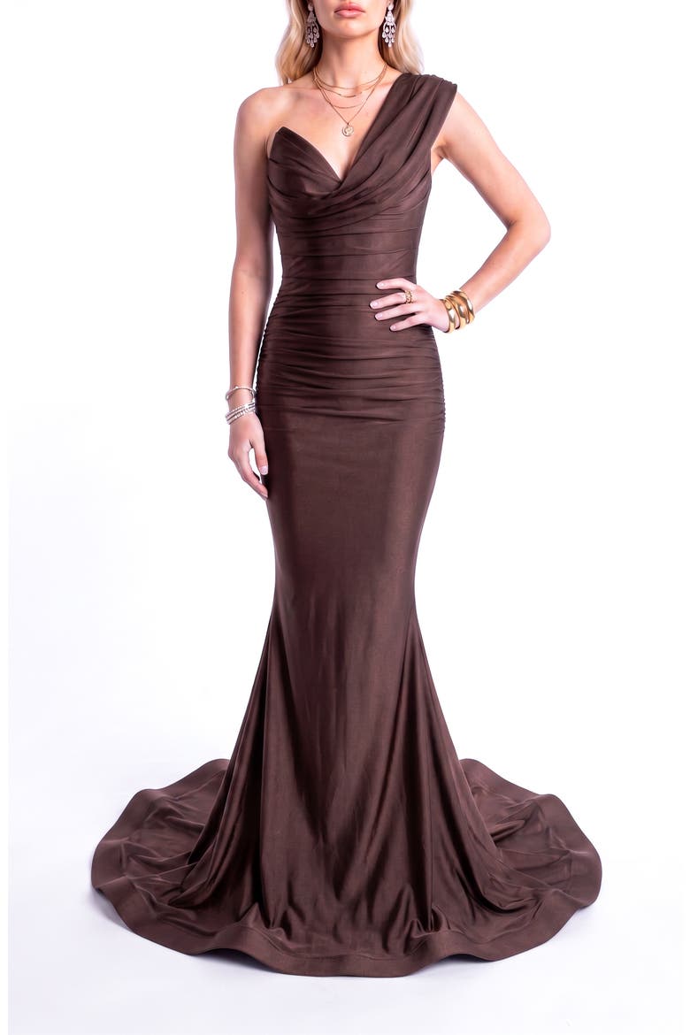 One-Shoulder Soft Draped Mermaid Gown, Alternate, color, Brown