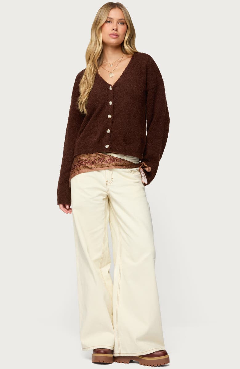 EDIKTED Jade Bouclé Crop Cardigan, Alternate, color, Brown
