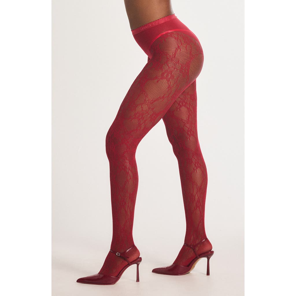 Savage X Fenty Savage X Lace Floral Sheer Tights In Red