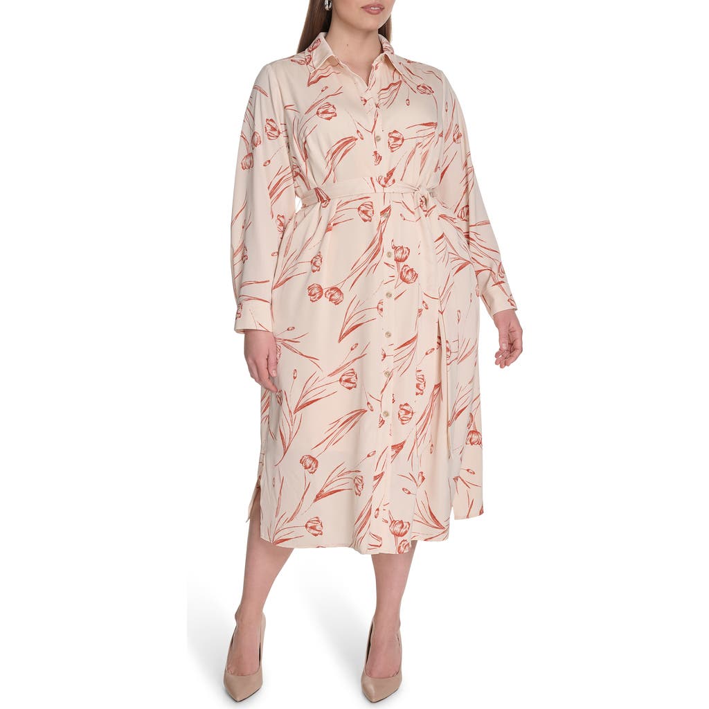 Calvin Klein Floral Long Sleeve Shirtdress In White