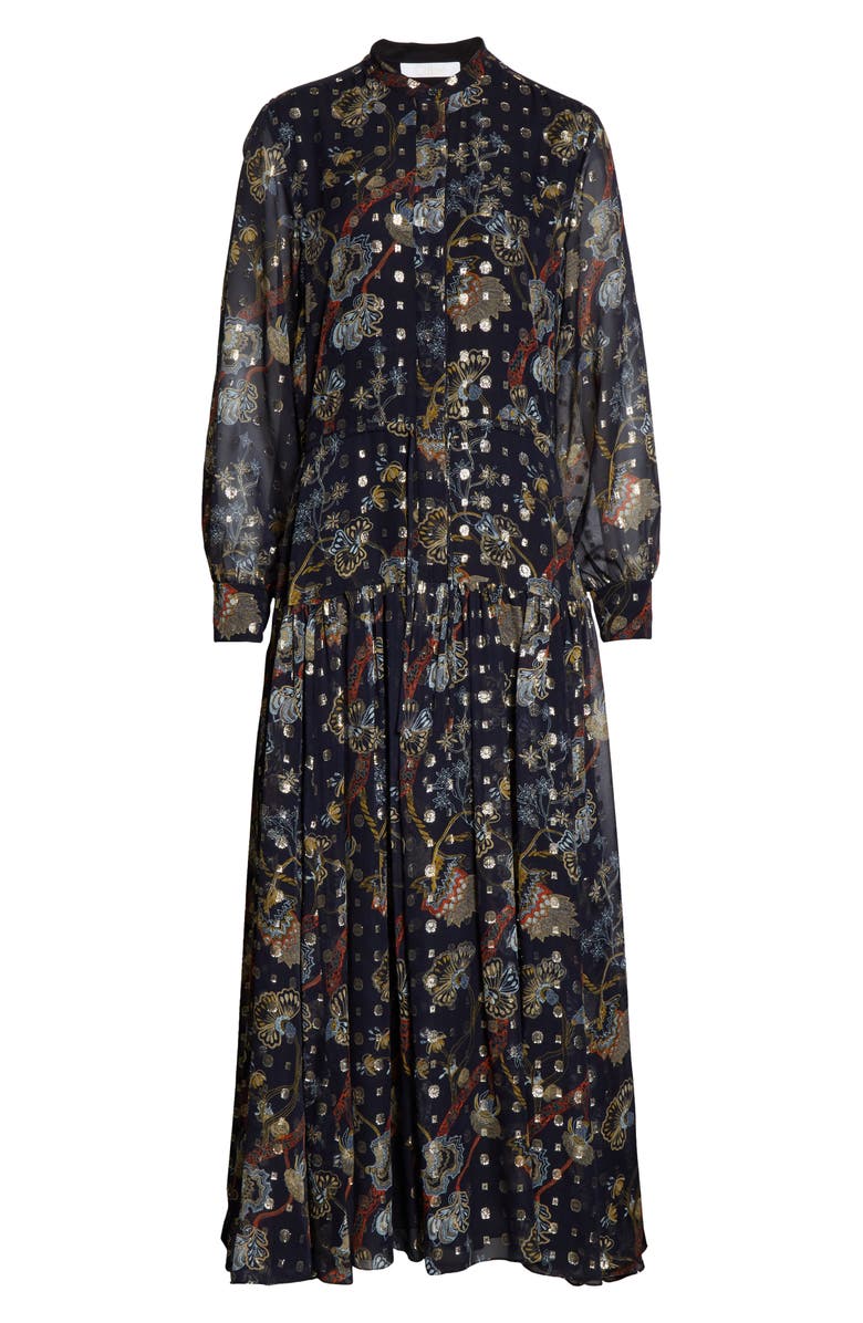 Chloé Print Metallic Long Sleeve Fil Coupé Maxi Shirtdress, Alternate, color, 