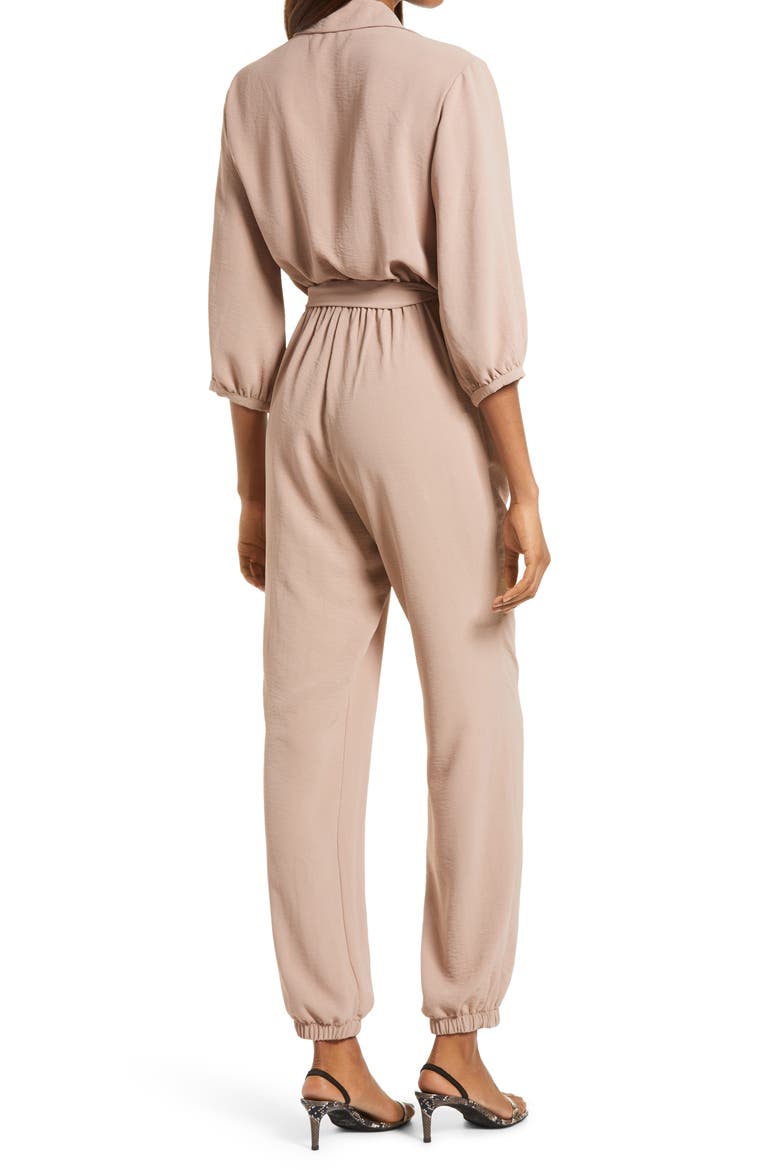 Tie Waist Long Sleeve Jumpsuit, Alternate, color, BEIGE/ KHAKI