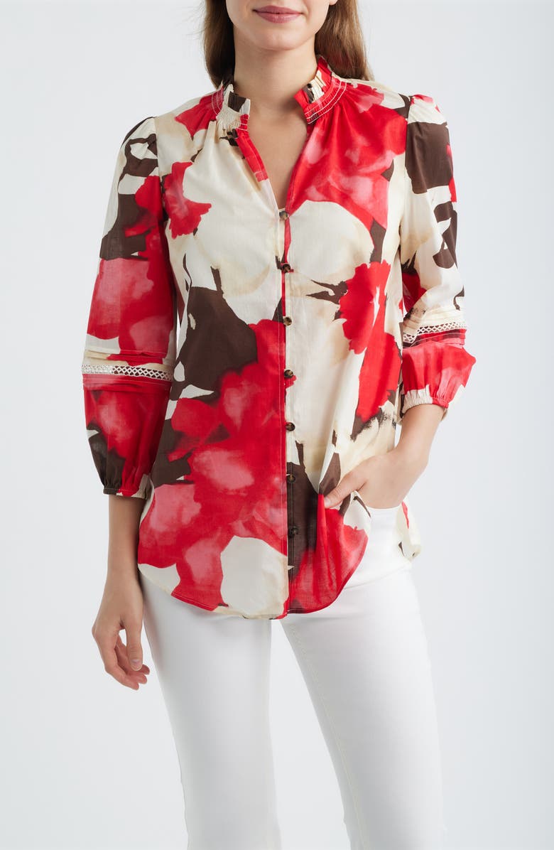 Anne Klein Ruffle Neck Cotton Button-Up Shirt, Main, color, White Dove Multi