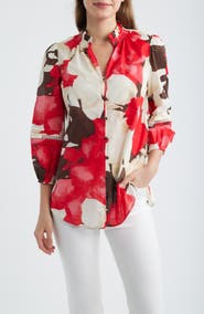Anne Klein Ruffle Neck Cotton Button-Up Shirt