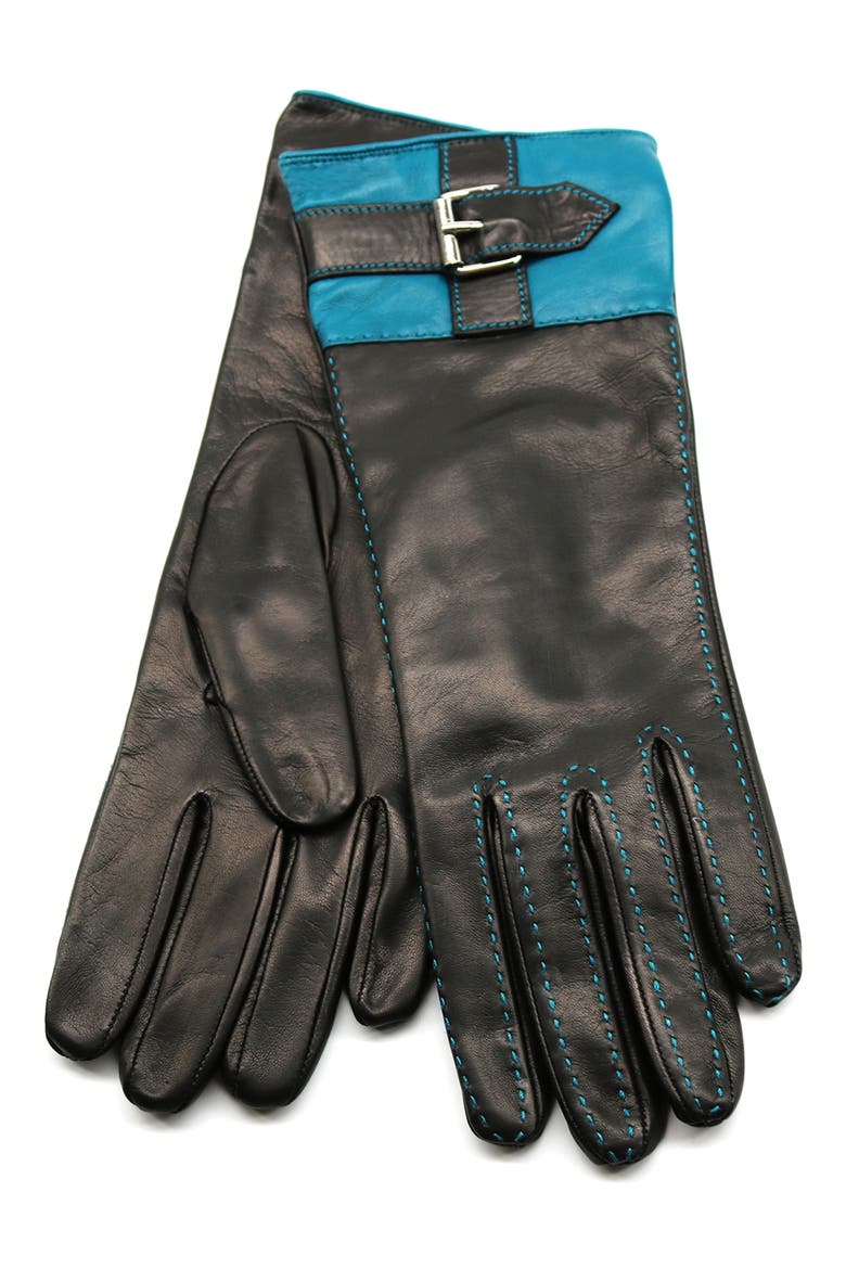 Buckle Leather Gloves, Main, color, BLACK/ BAY