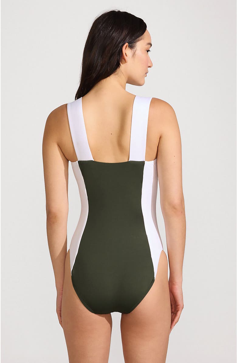 Lands' End Square Neck High Leg One Piece Swimsuit, Alternate, color, Rich Olive Green/White