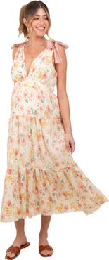 PinkBlush Floral Shoulder Tie Deep V-Neck Tiered Maxi Dress