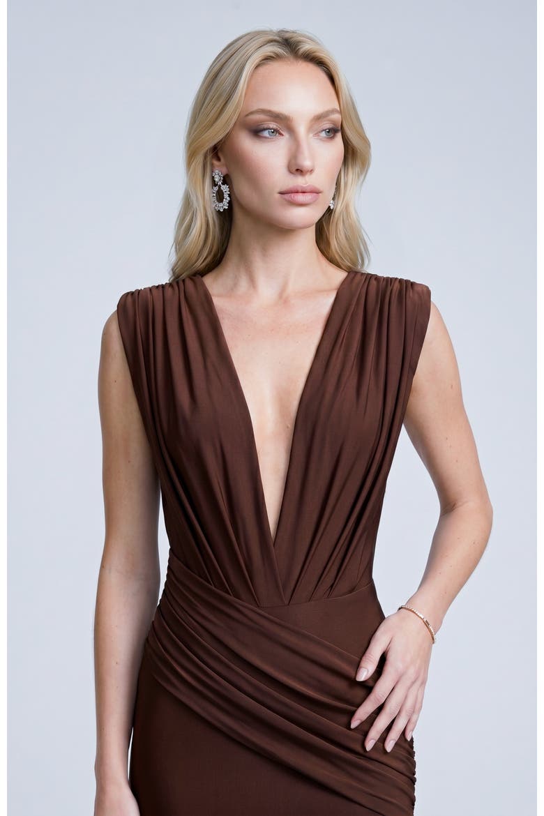 Ruched Plunge Pleated Sleeveless Mermaid Gown, Alternate, color, Brown