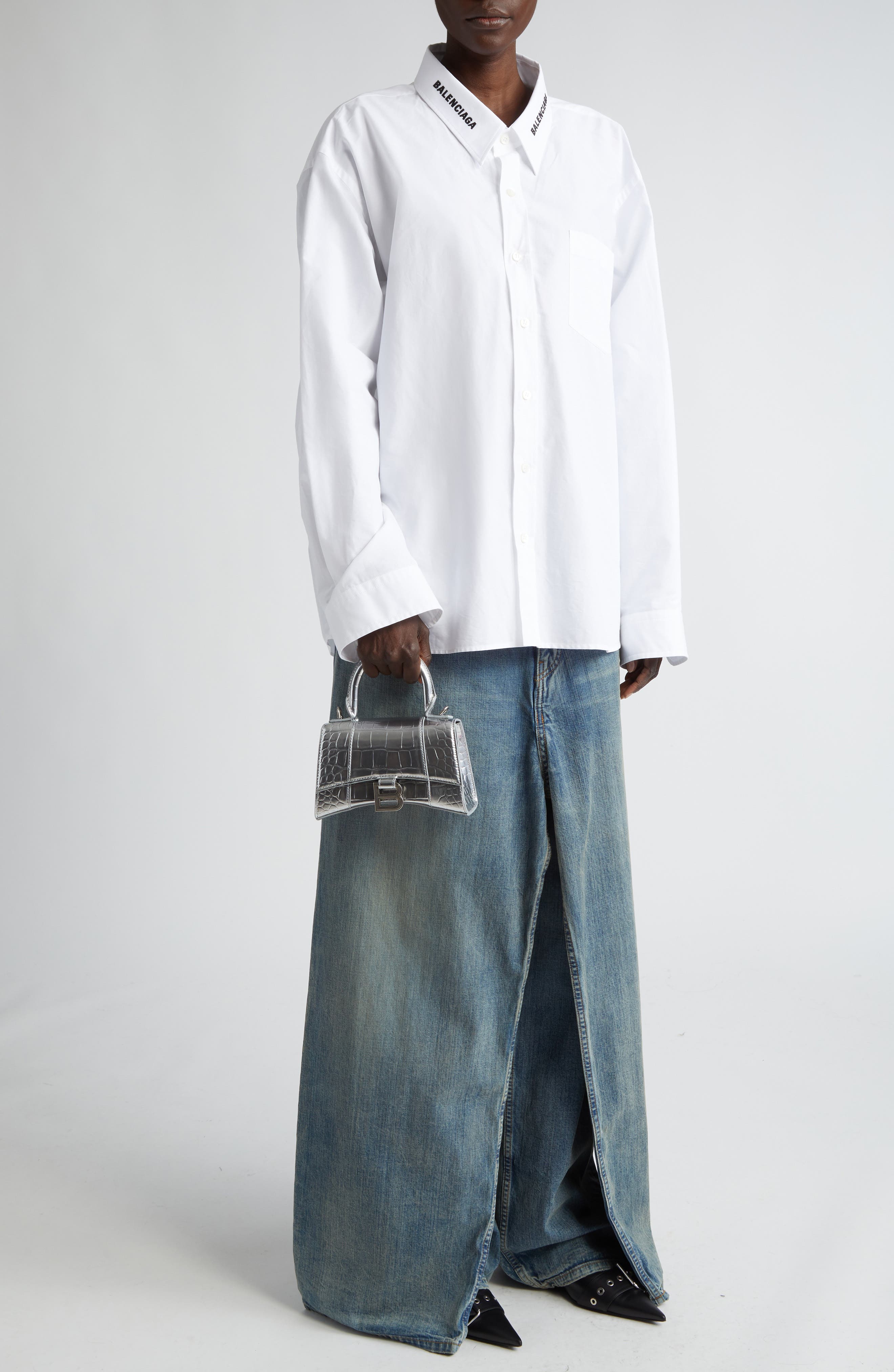 Balenciaga Extra Small Hourglass Croc Embossed Metallic Leather Top Handle Bag, Alternate, color, 