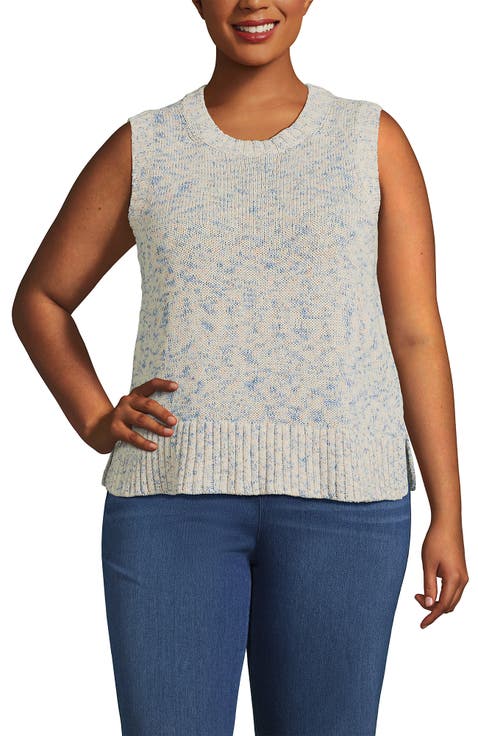 Plus Size Cotton Tweed Textured Crewneck Vest Sweater