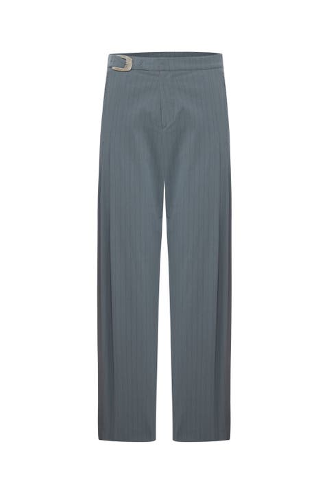 Cotton Blend Striped Woven Pant With Belt