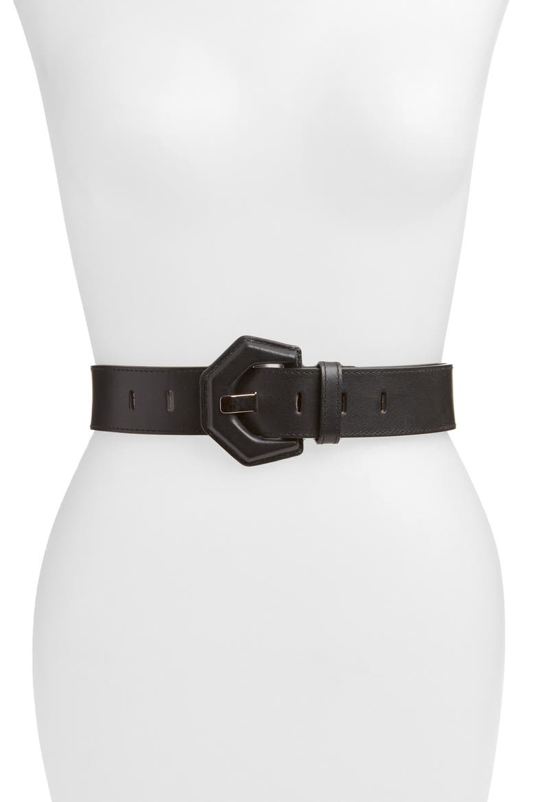 Geometric Covered Buckle Leather Belt, Main, color, BLACK