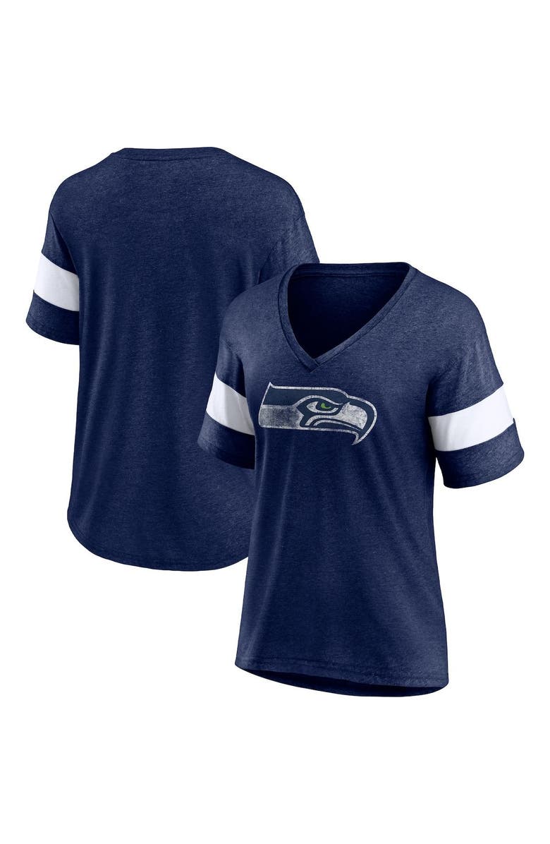 FANATICS Women's Fanatics Branded Heathered Navy/White Seattle Seahawks Distressed Team Tri-Blend V-Neck T-Shirt, Main, color, 
