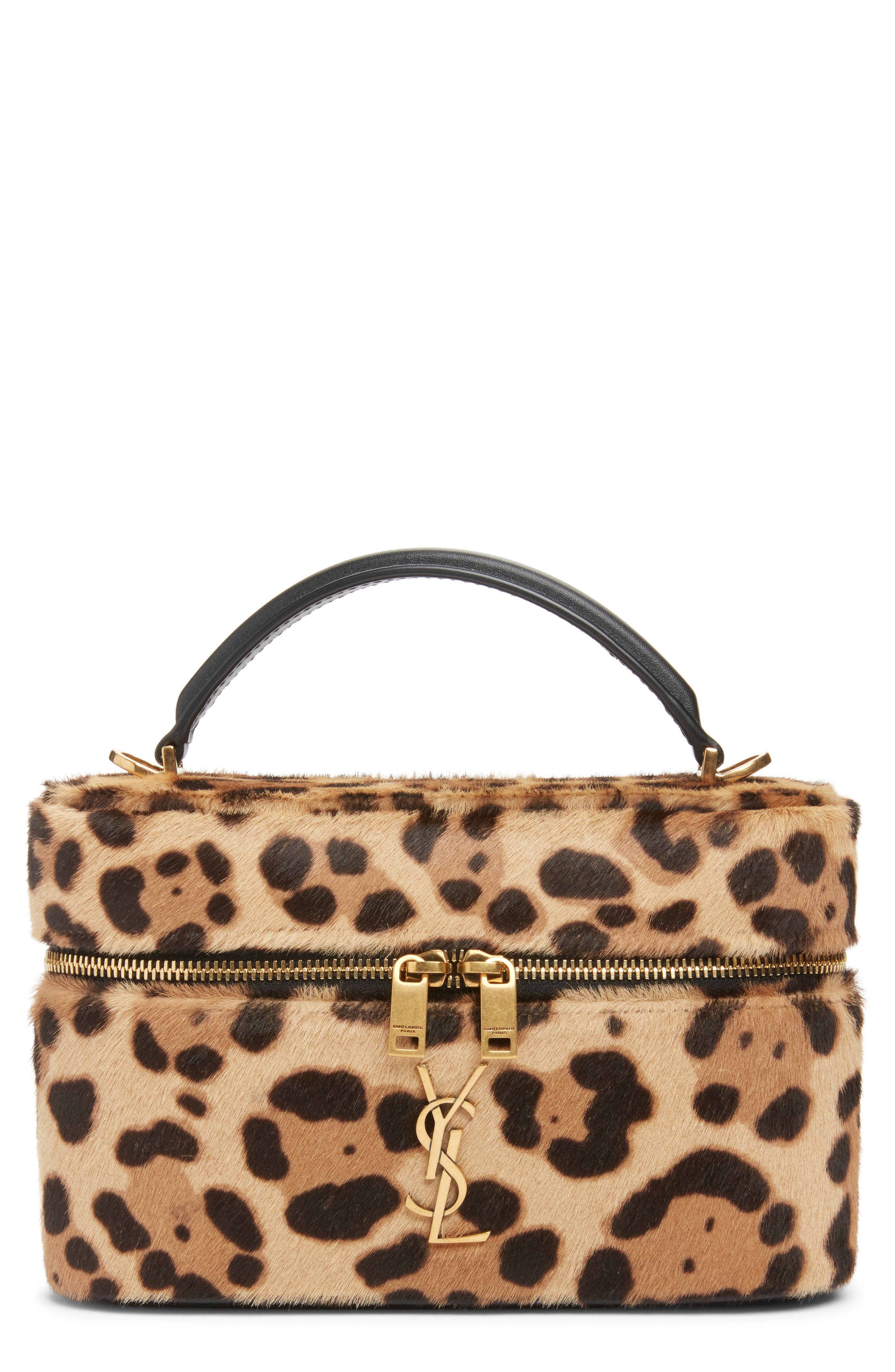 Saint Laurent Gaby Leopard Print Genuine Calf Hair Vanity Bag, Main, color, Brown/ Noir