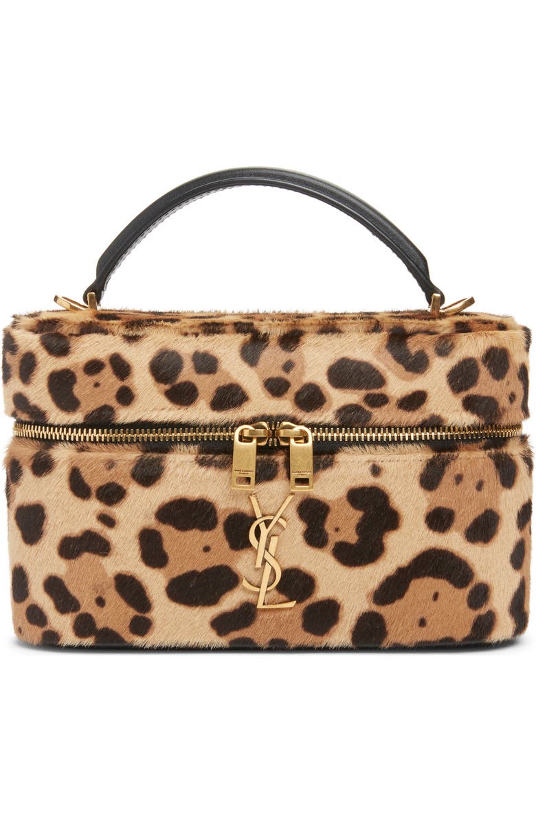 Saint Laurent Gaby Leopard Print Genuine Calf Hair Vanity Bag, Main, color, Brown/ Noir
