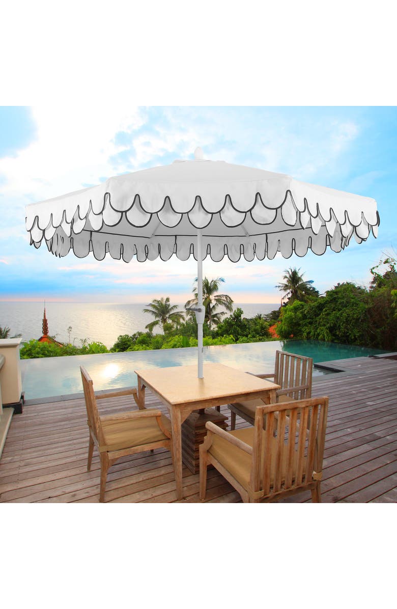 JONATHAN Y Tracy 9 ft. Classic MidCentury Scalloped Fringe Market Patio Umbrella with Auto-Tilt, Crank, Wind Vent and UV Protection, Alternate, color, White