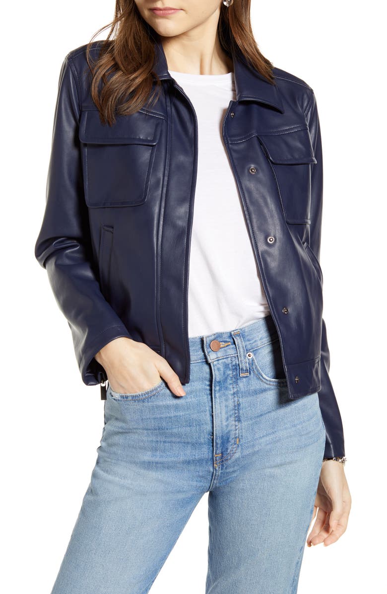 Something Navy Boxy Faux Leather Jacket, Main, color, 
