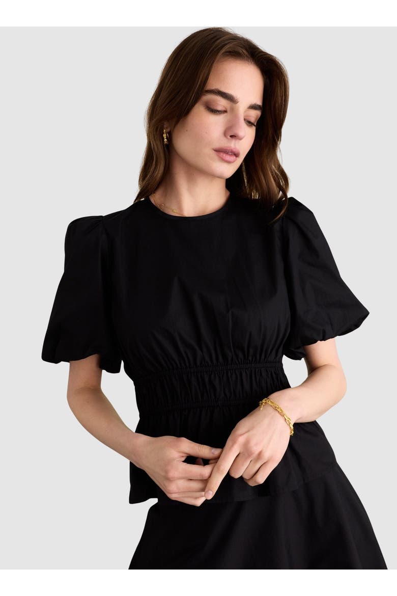 Elise Puff Sleeve Smocked Waist Top, Main, color, Caviar Black