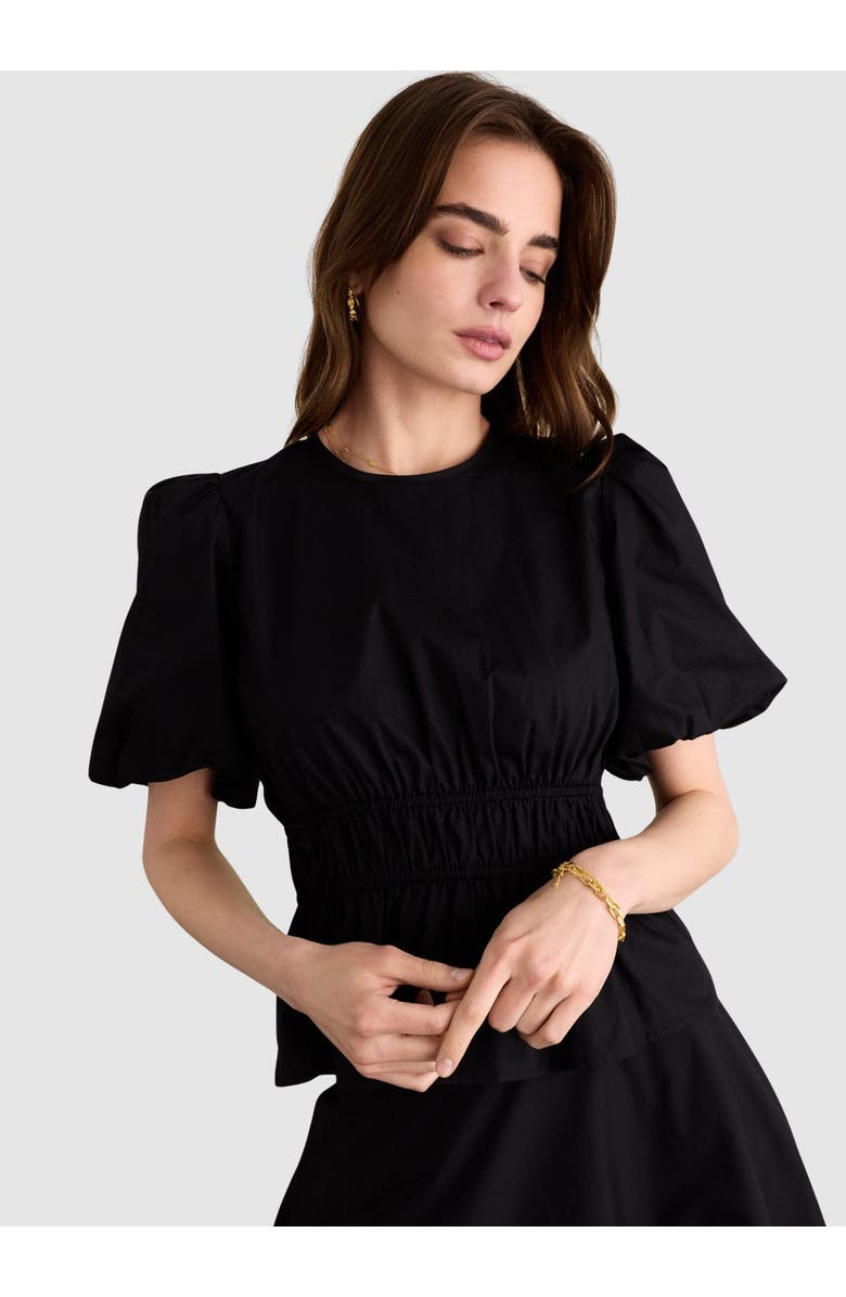 Baukjen Elise Puff Sleeve Smocked Waist Top, Main, color, Caviar Black