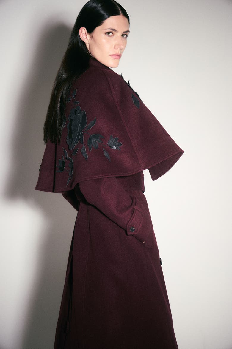 Tailored Funnel-Neck Cape Midi Coat, Alternate, color, Burgundy