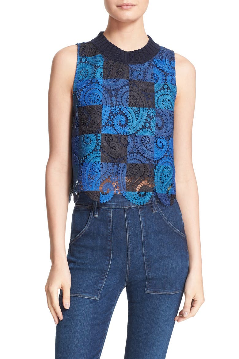 Sea Crochet Lace Crop Tank, Main, color, BLUE
