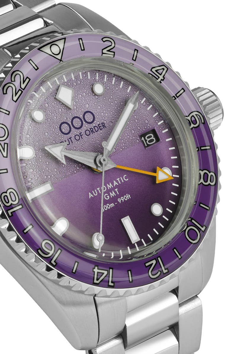 OUT OF ORDER Shaker Automatic GMT Ultra Brushed Bracelet Watch, 40mm, Alternate, color, Dark Violet