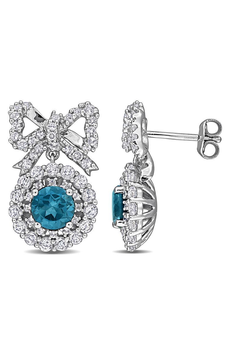 Julianna B. Blue Topaz & White Topaz Bow Halo Earrings, Main, color, Blue Topaz