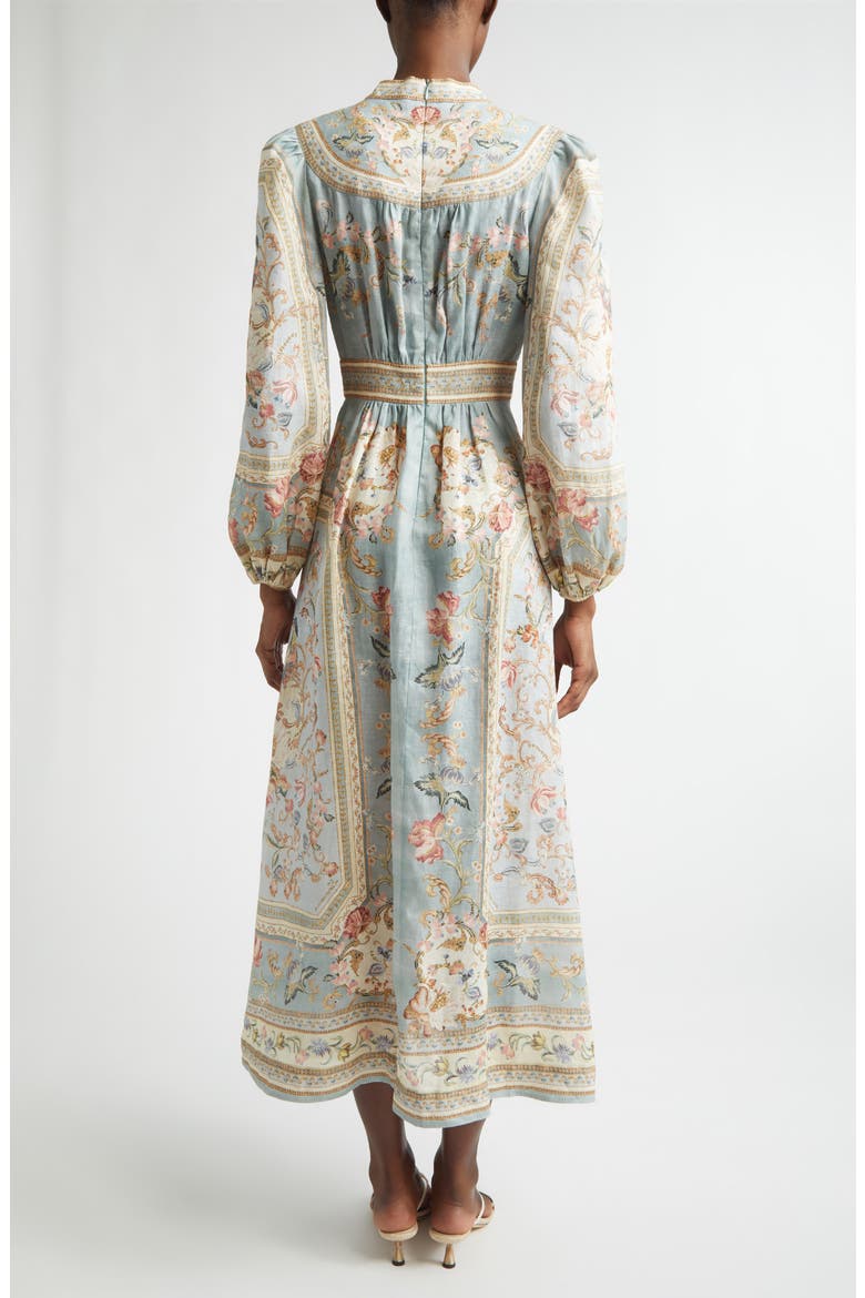 Roselight Plunge Long Sleeve Linen & Silk Midi Dress, Alternate, color, BLUE TAPESTRY FLORAL