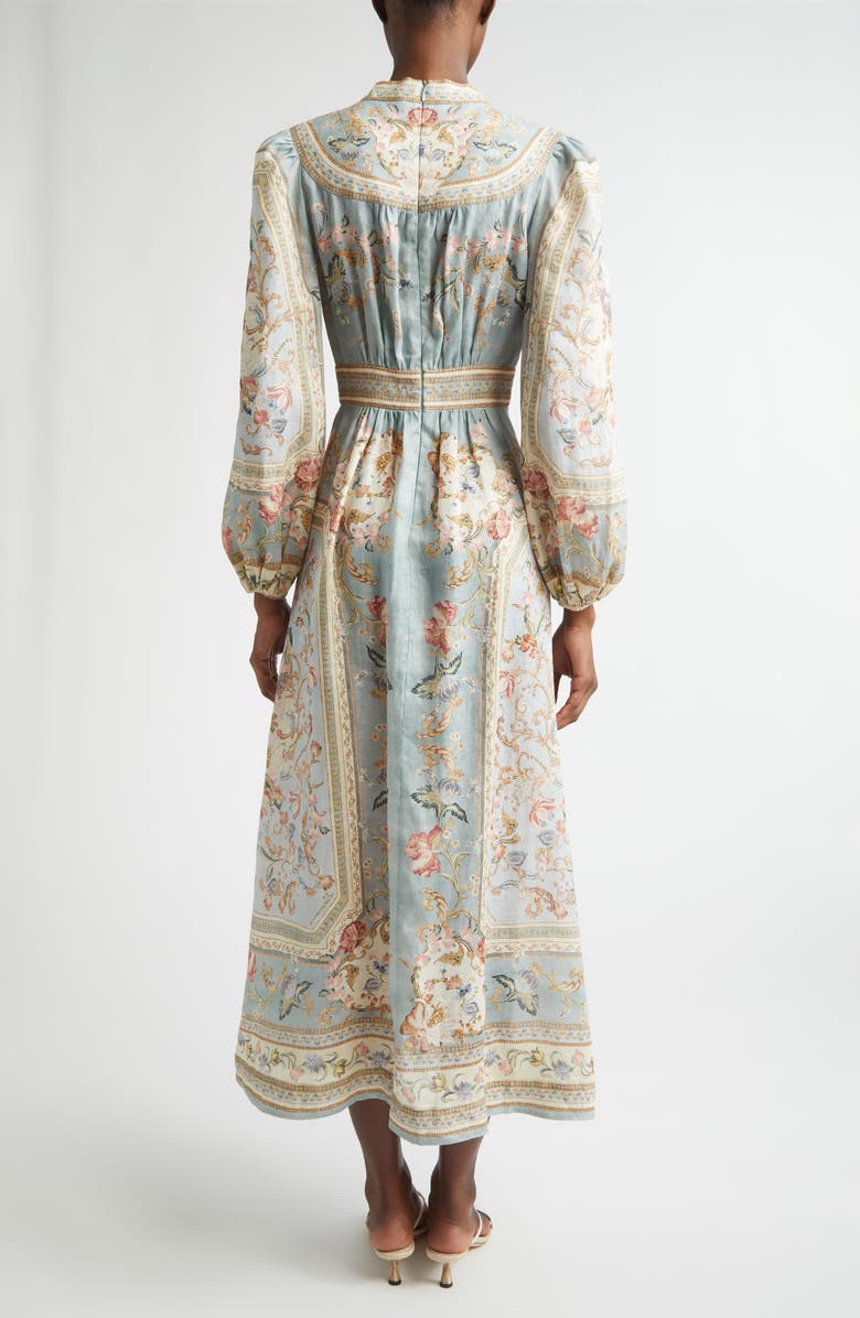 Zimmermann Roselight Plunge Long Sleeve Linen & Silk Midi Dress, Alternate, color, Blue Tapestry Floral