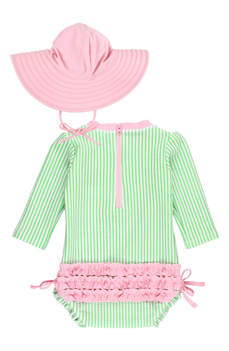 RuffleButts Seersucker One-Piece Rashguard Swimsuit & Sun Hat Set, Alternate, color, 