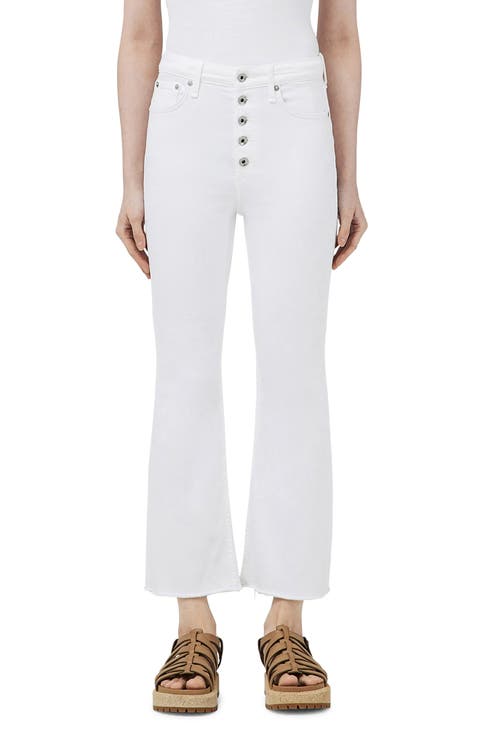 Casey Exposed Button High Waist Ankle Flare Jeans (Optic White)