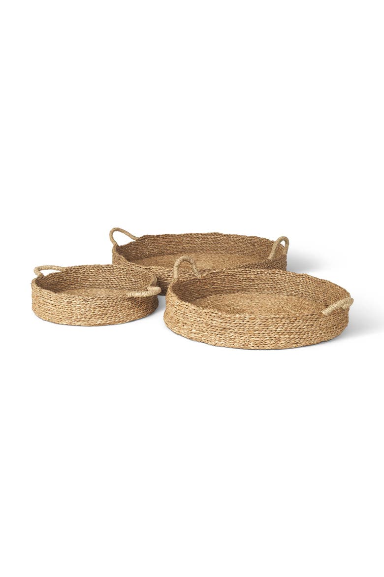 Ulana Set of 3 Round Nesting Seagrass Trays w/ Handles, Main, color, Brown