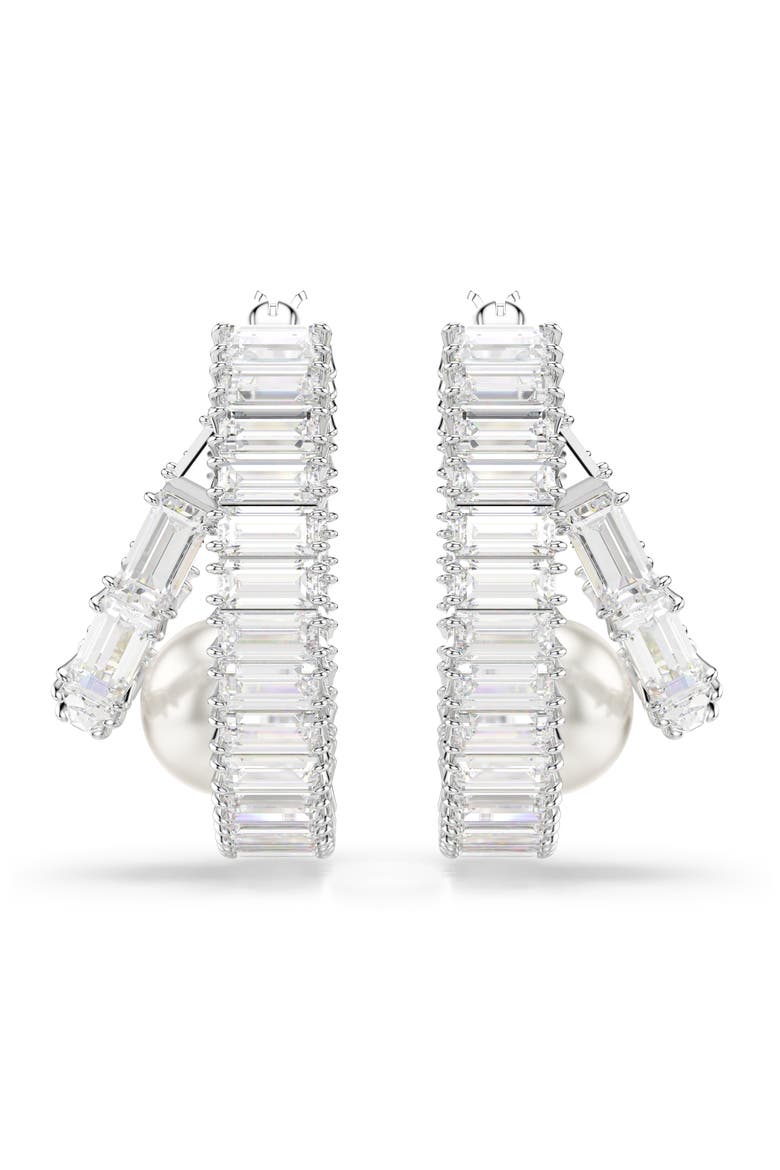 x Ariana Grande Crystal Pearl & Baguette Cut Crystal Double Hoop Earrings, Alternate, color, WHITE/ SILVER