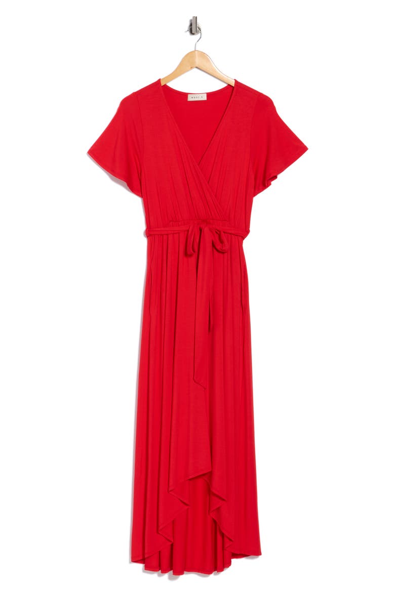 Flutter Sleeve High/Low Wrap Dress, Alternate, color, RED