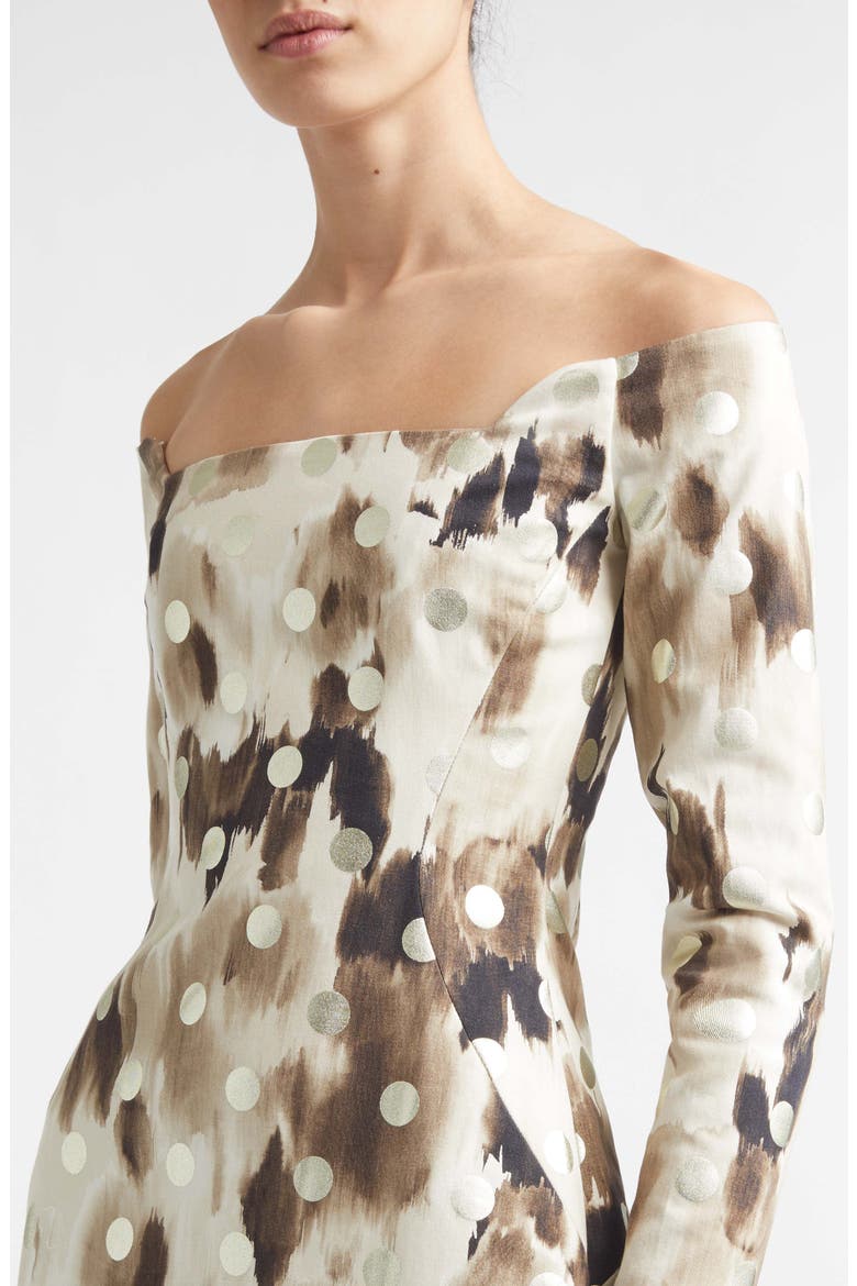 Ikat Polka Dot Off the Shoulder Midi Dress, Alternate, color, CREAM MULTI