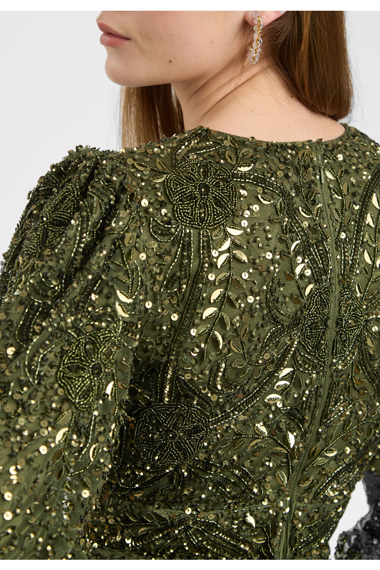 Modest Embellished Sequin Beaded Dress Maxi With loose Cuff Sleeves, Alternate, color, OLIVE