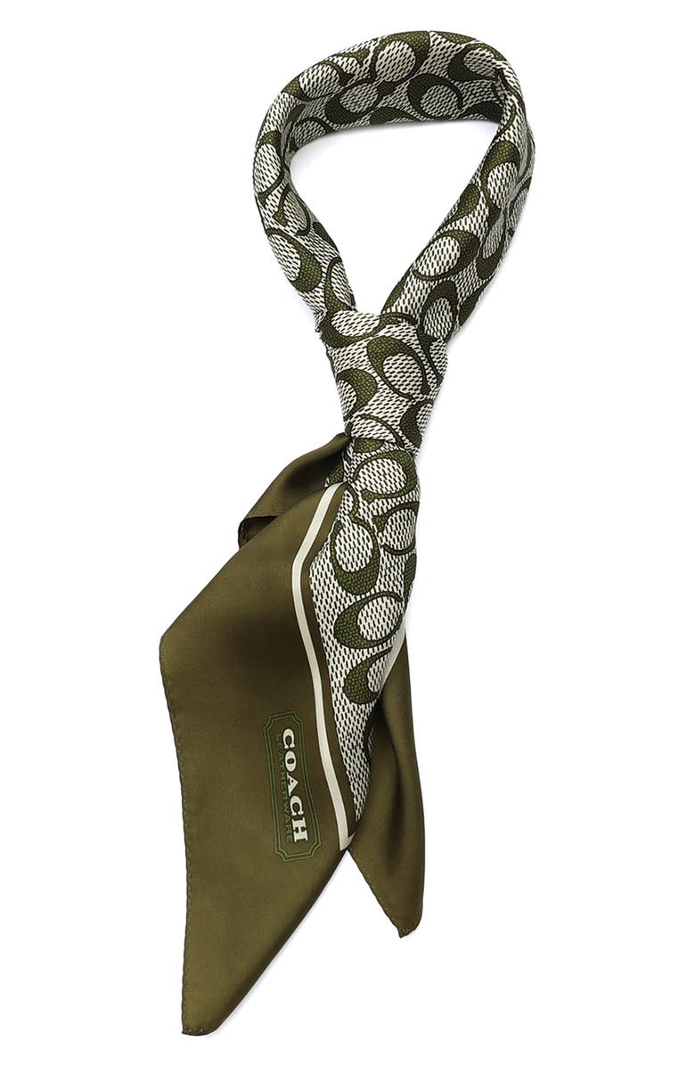 COACH Textured Signature Logo Square Silk Scarf, Alternate, color, Olive