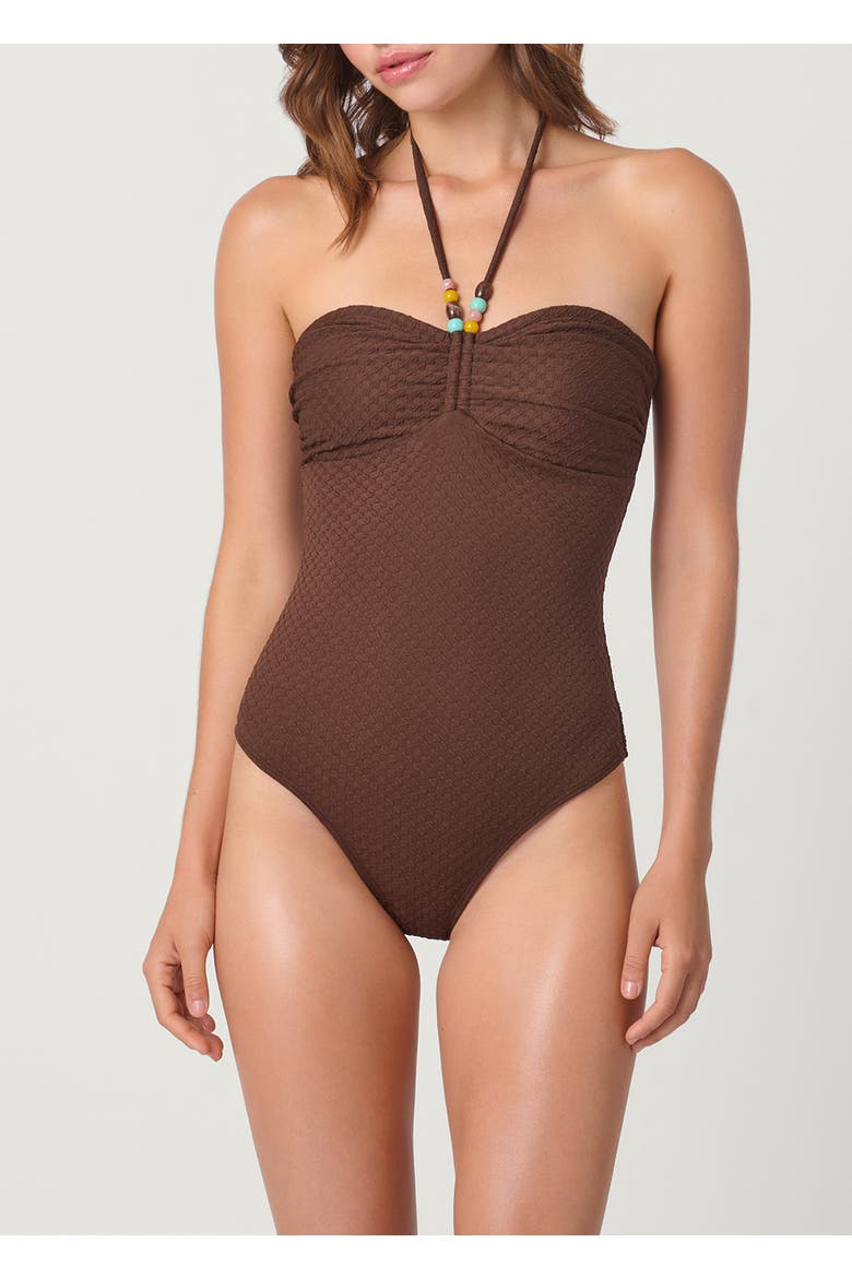 Checkered Texture Cinched One Piece, Main, color, Mocha