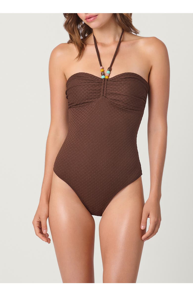 Shoshanna Checkered Texture Cinched One Piece, Main, color, Mocha