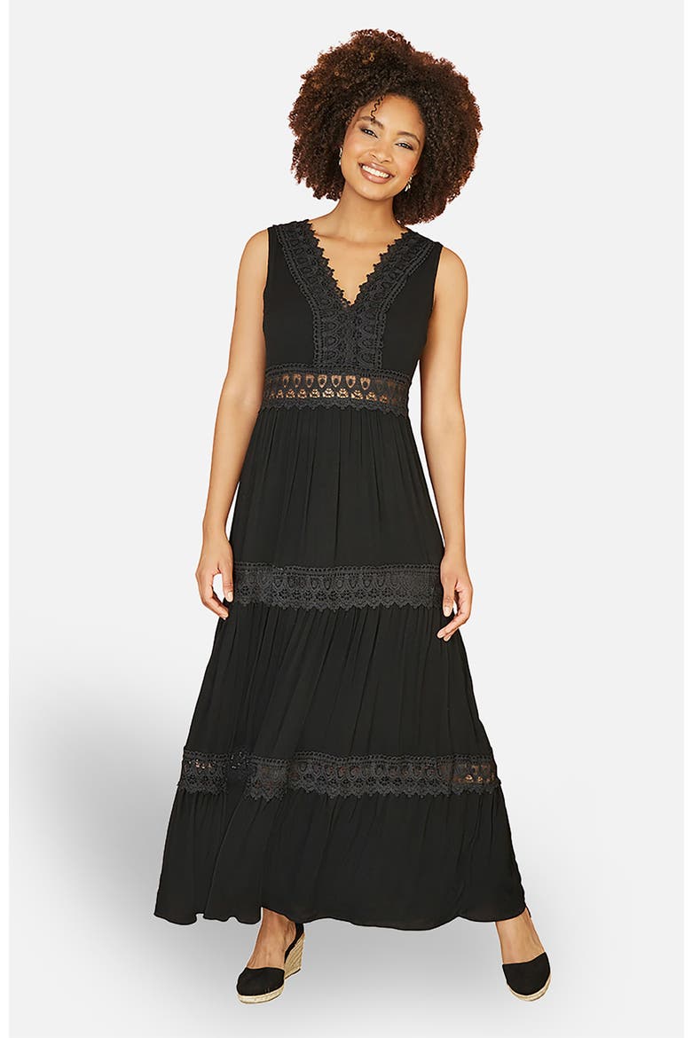 Lace Trim Cotton Maxi Sun Dress, Main, color, Black