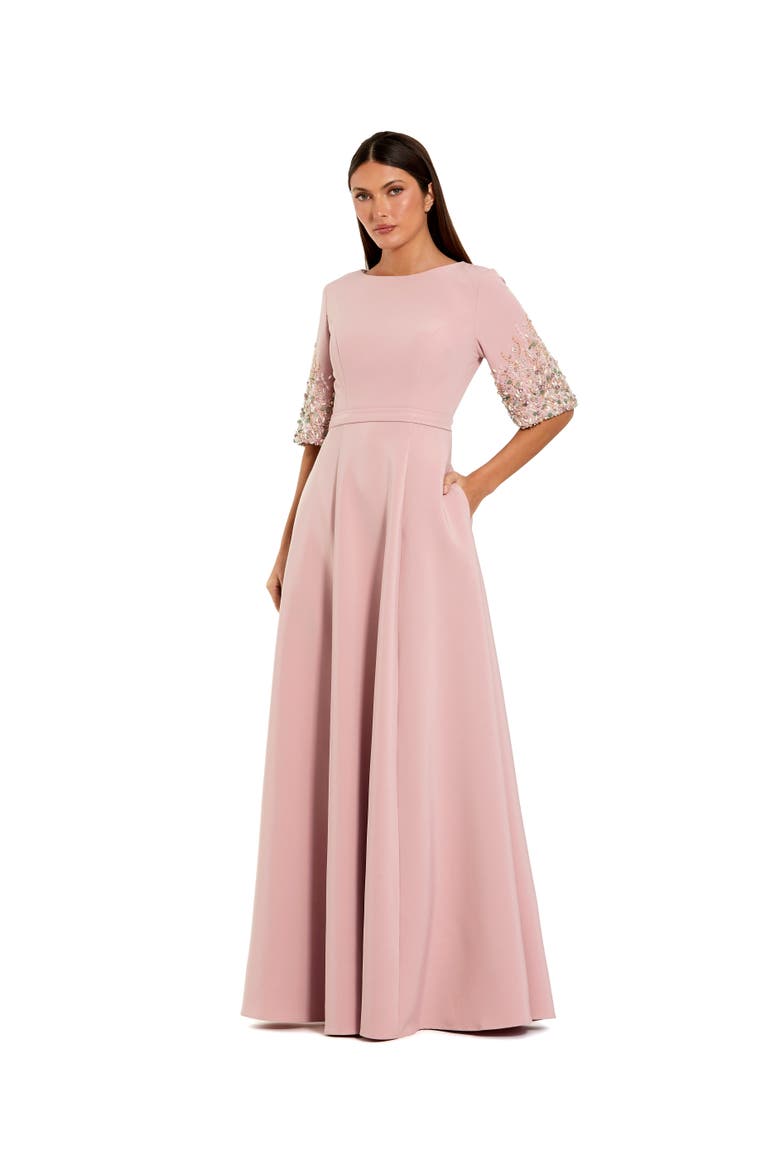 Women's 3/4 Sleeve Crepe Gown With Sleeve Embellishments, Main, color, Rose