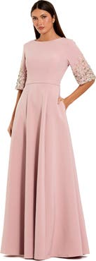 Mac Duggal Women's 3/4 Sleeve Crepe Gown With Sleeve Embellishments