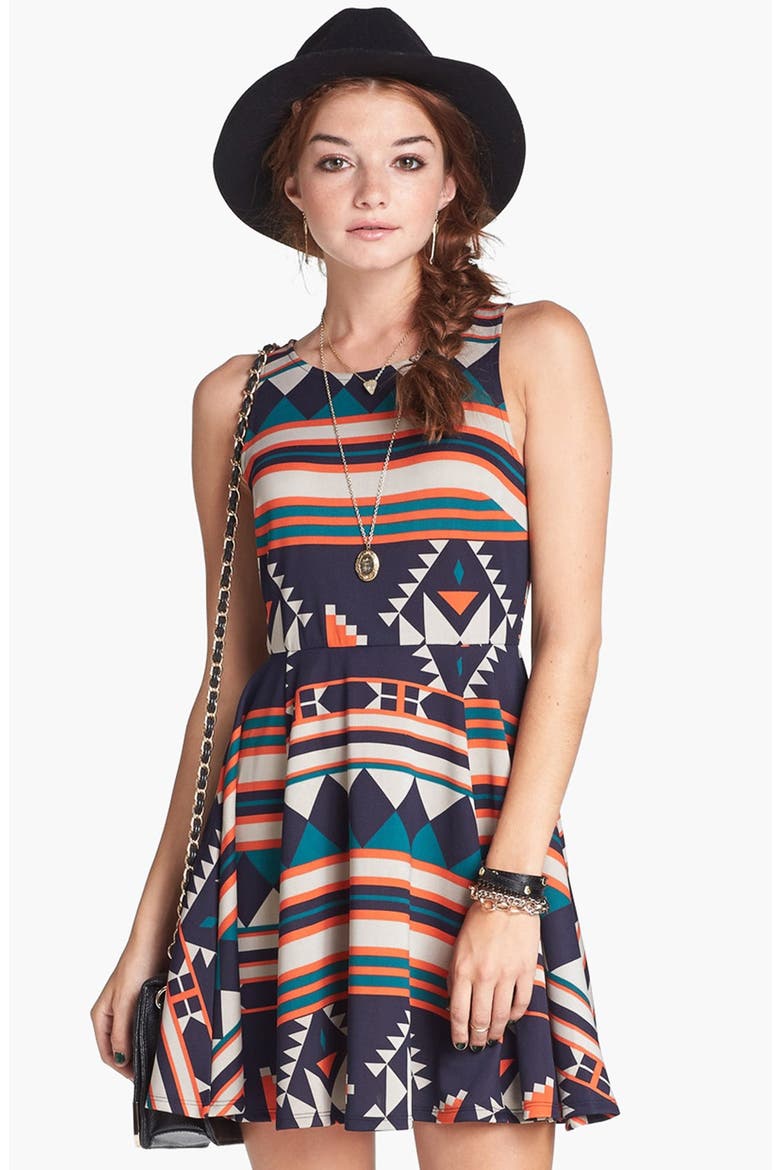 dee elle Geometric Pattern Skater Dress, Main, color, ORANGE/ NAVY