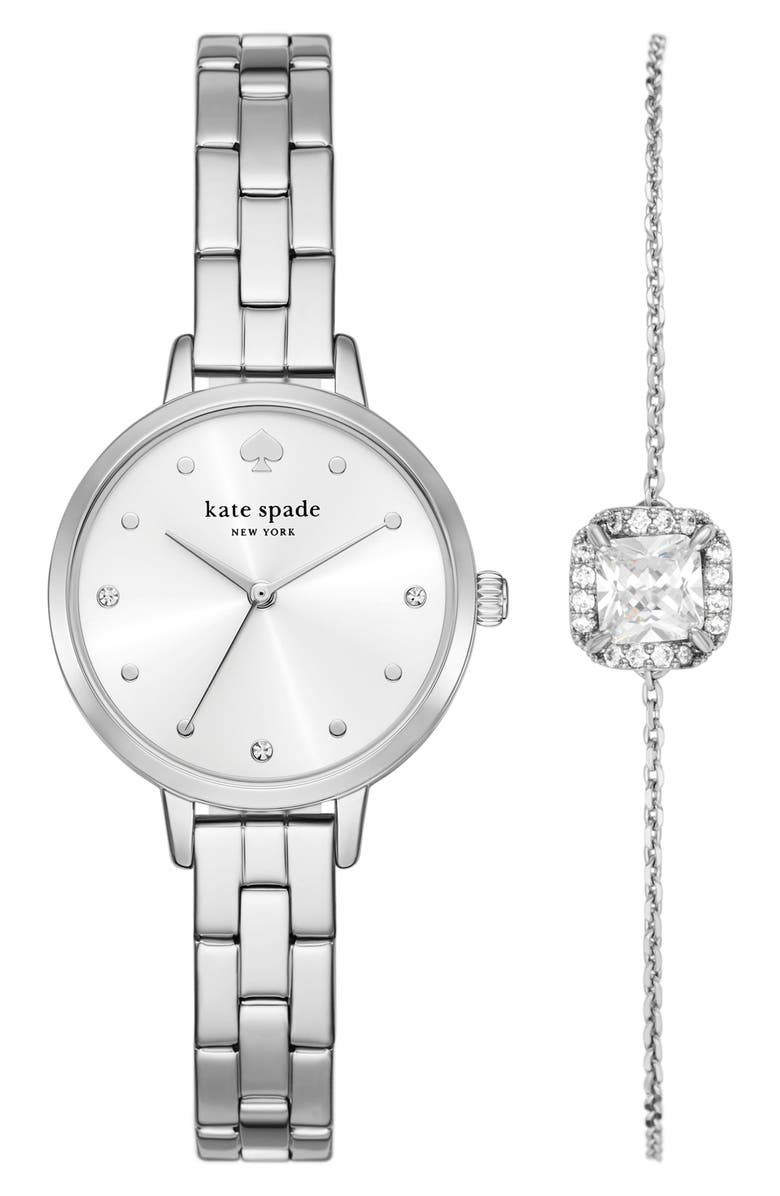Kate Spade New York metro three-hand quartz bracelet watch & bracelet set, Main, color, Silver