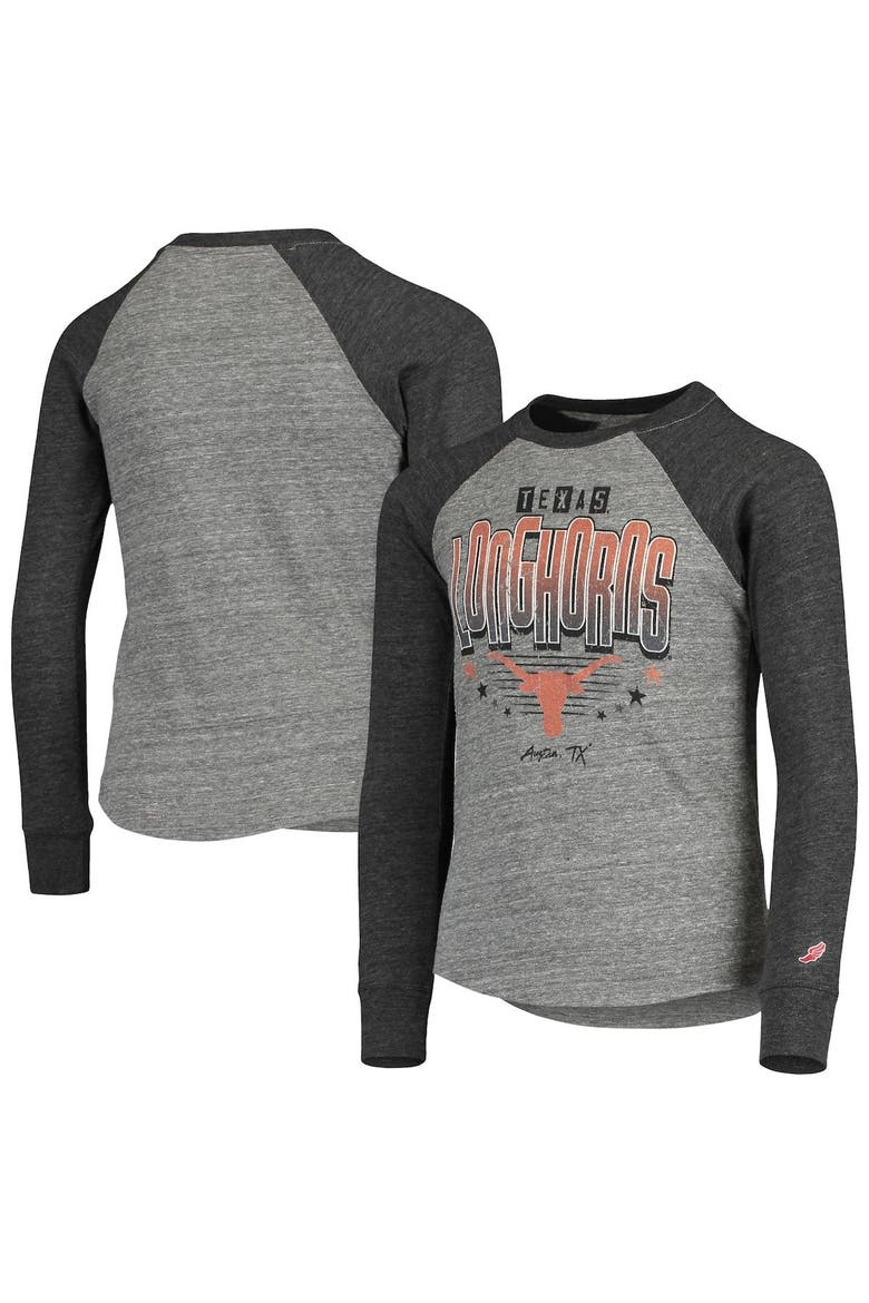 Youth League Collegiate Wear Heathered Gray Texas Longhorns Baseball Tri-Blend Raglan Long Sleeve T-Shirt, Alternate, color, Heather Gray