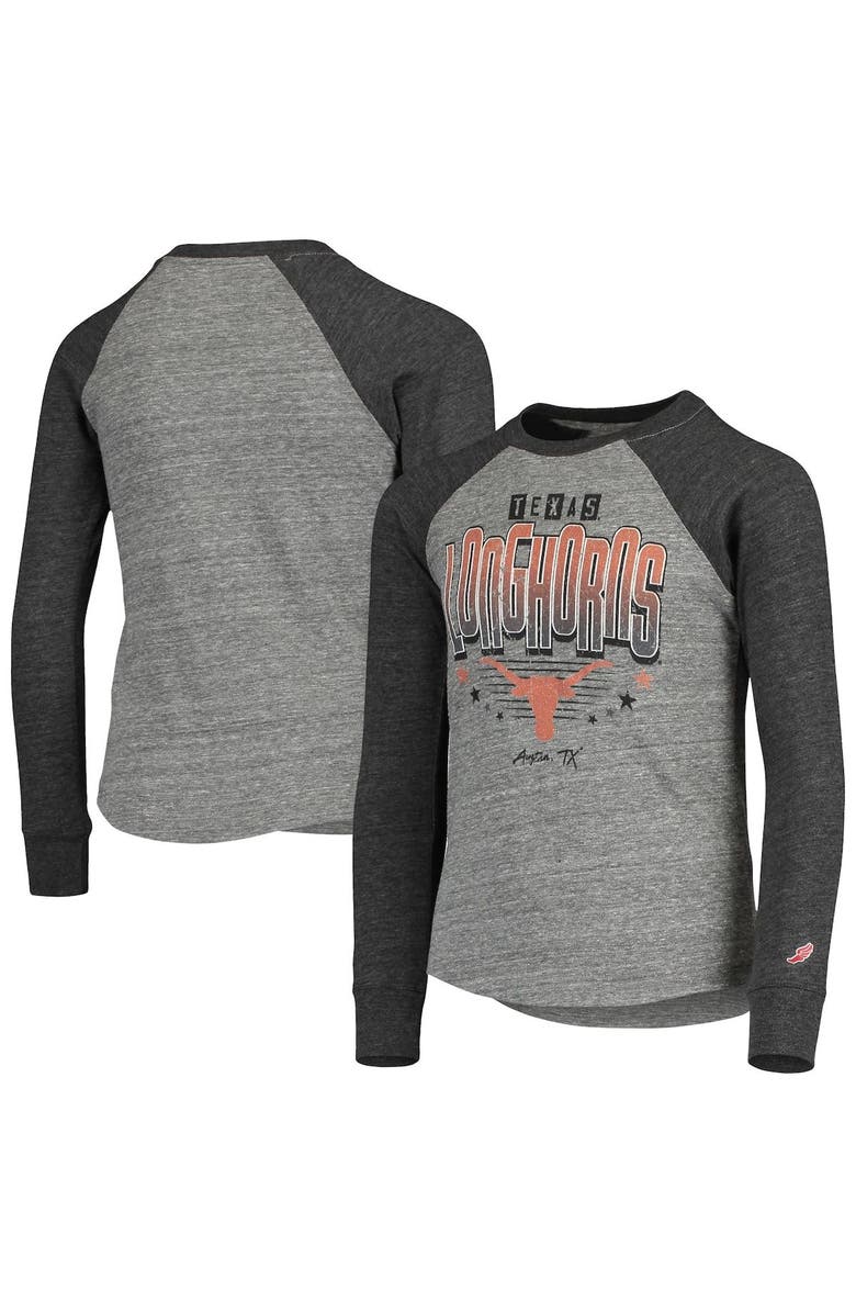 LEAGUE COLLEGIATE WEAR Youth League Collegiate Wear Heathered Gray Texas Longhorns Baseball Tri-Blend Raglan Long Sleeve T-Shirt, Alternate, color,