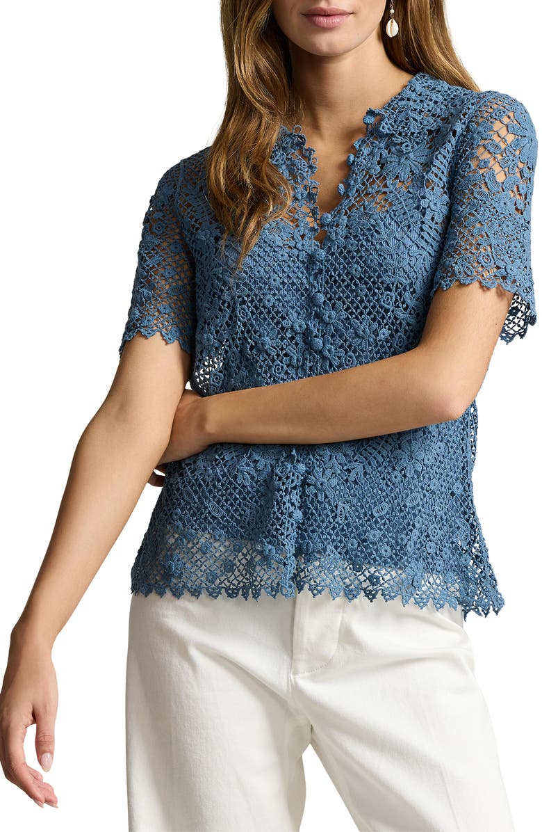 Polo Ralph Lauren Floral Lace Short Sleeve Button-Up Shirt, Main, color,