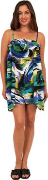 24seven Comfort Apparel Womens Essential Abstract Print Spaghetti Strap Smocked A-Line Pocket Mini Dress