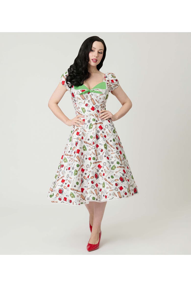 1950s Sweetheart Swing Dress, Alternate, color, White W/ Kitchen Print